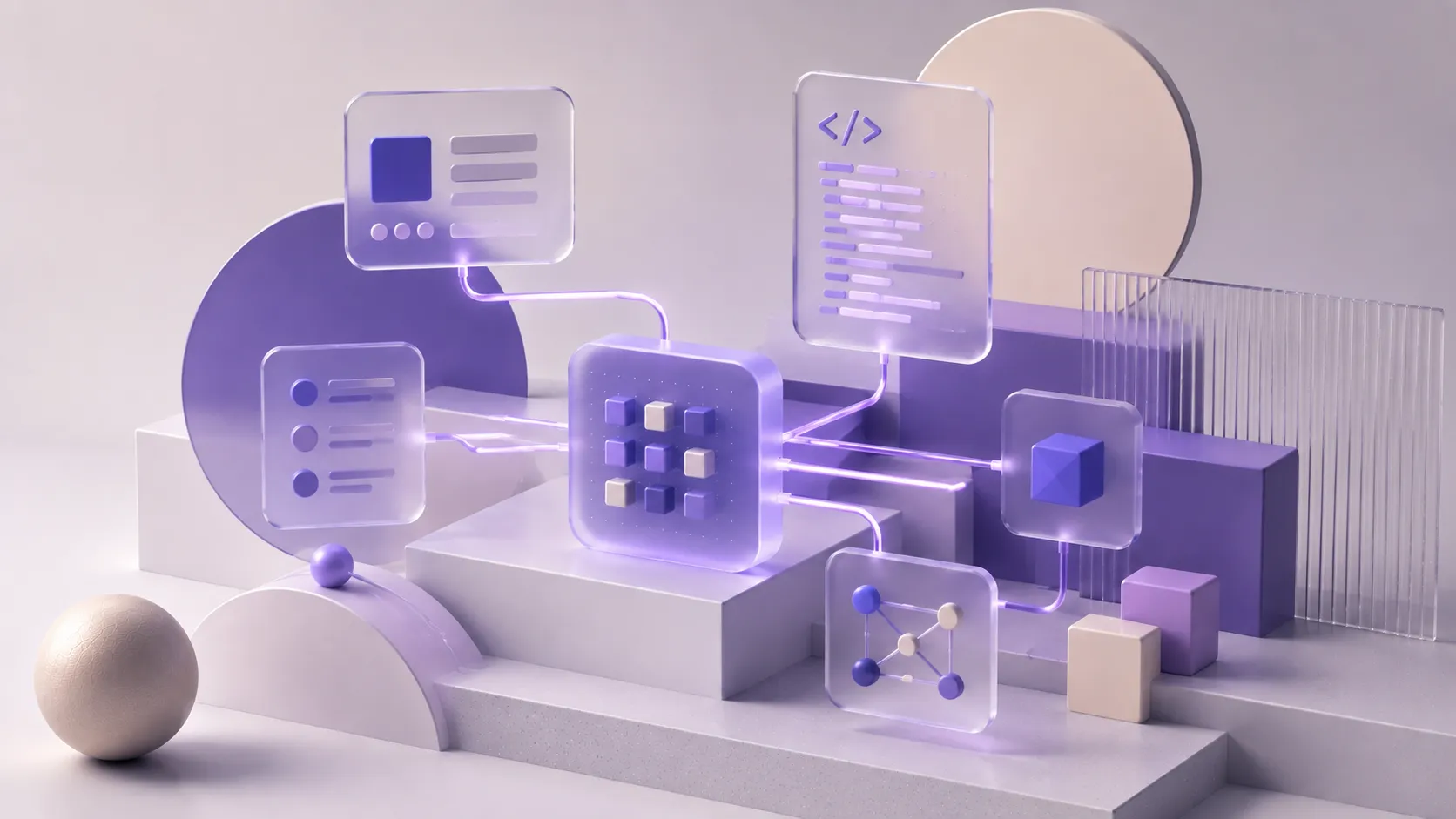 An abstract still life in violet and off-white: frosted glass panels showing a component grid, a list, a card and a block of code, wired together by glowing cables into a central lit tile.
