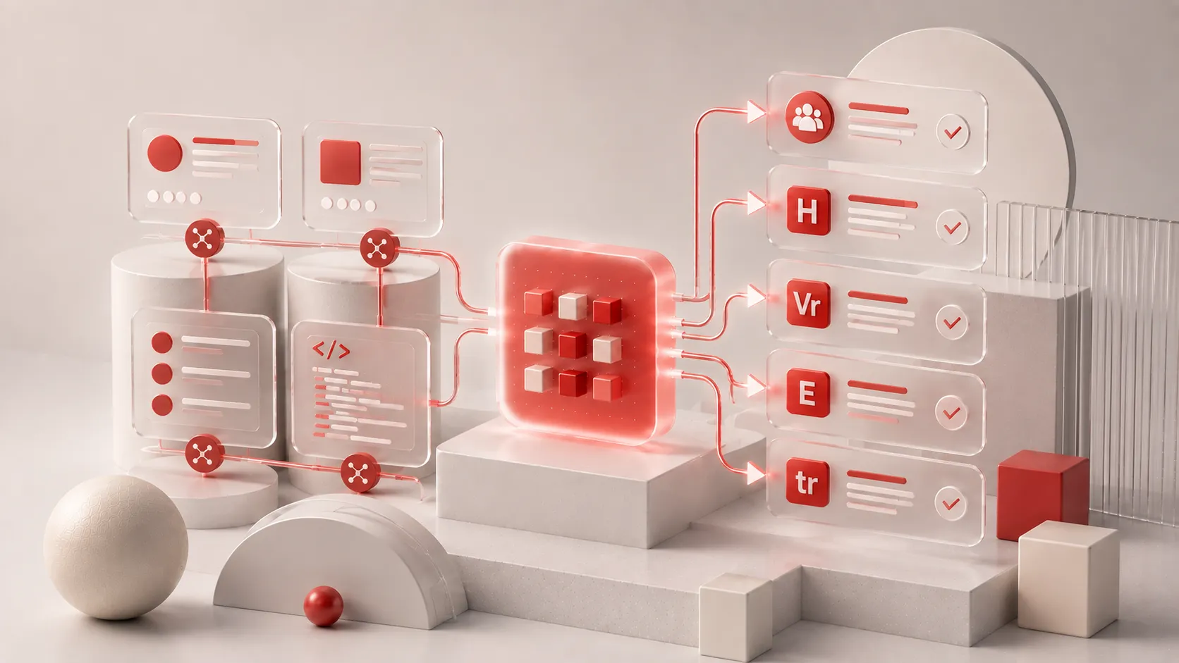 An abstract still life in red and off-white: four frosted glass panels on plinths at the left, each showing a different layout, wired by glowing cables into one lit tile of stacked cubes at the centre, which feeds five labelled cards at the right, each carrying a tick.