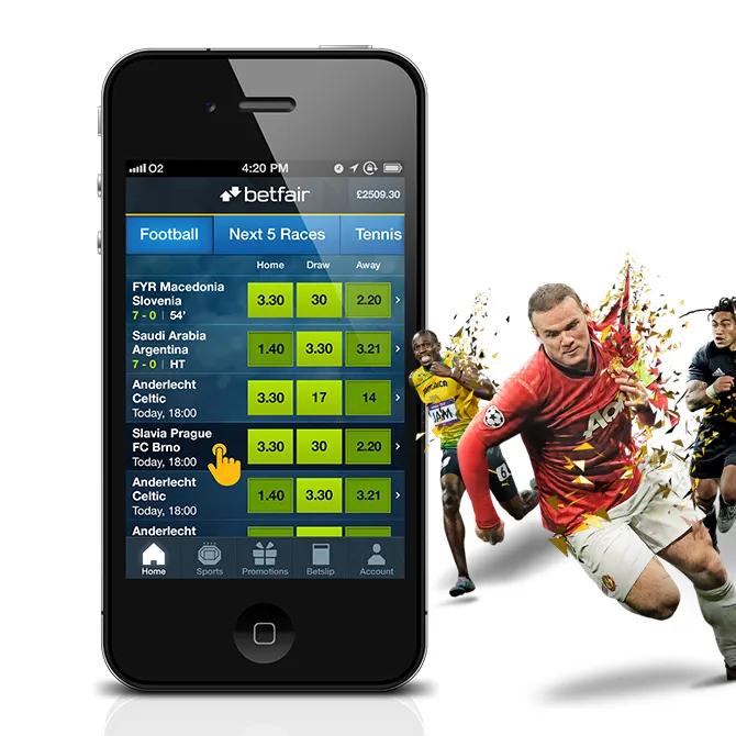 A black phone showing the Betfair football coupon with green odds, beside a composite of players in red.