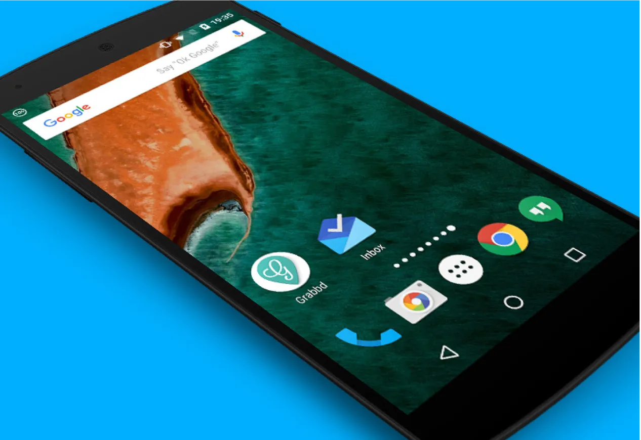 A black Android phone on a blue ground, home screen open on the Grabbd icon.