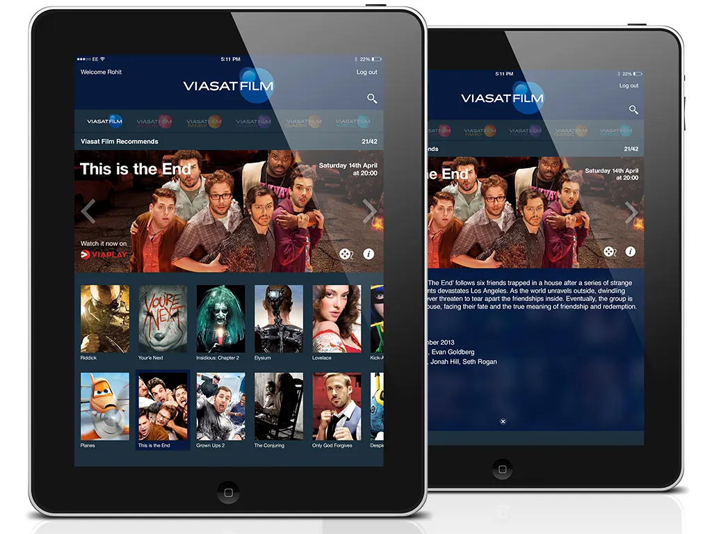 Two tablets showing the Viasat Film recommendations screen, with This is the End as the featured title.